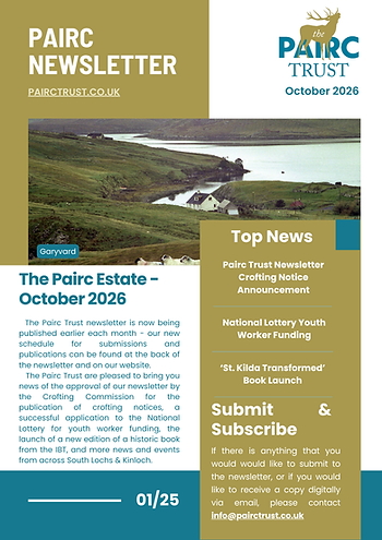 Pairc Trust newsletter cover with coastal landscape photo, and headlines like Crofting Commission approval, Pride in Place event, and care home funding.