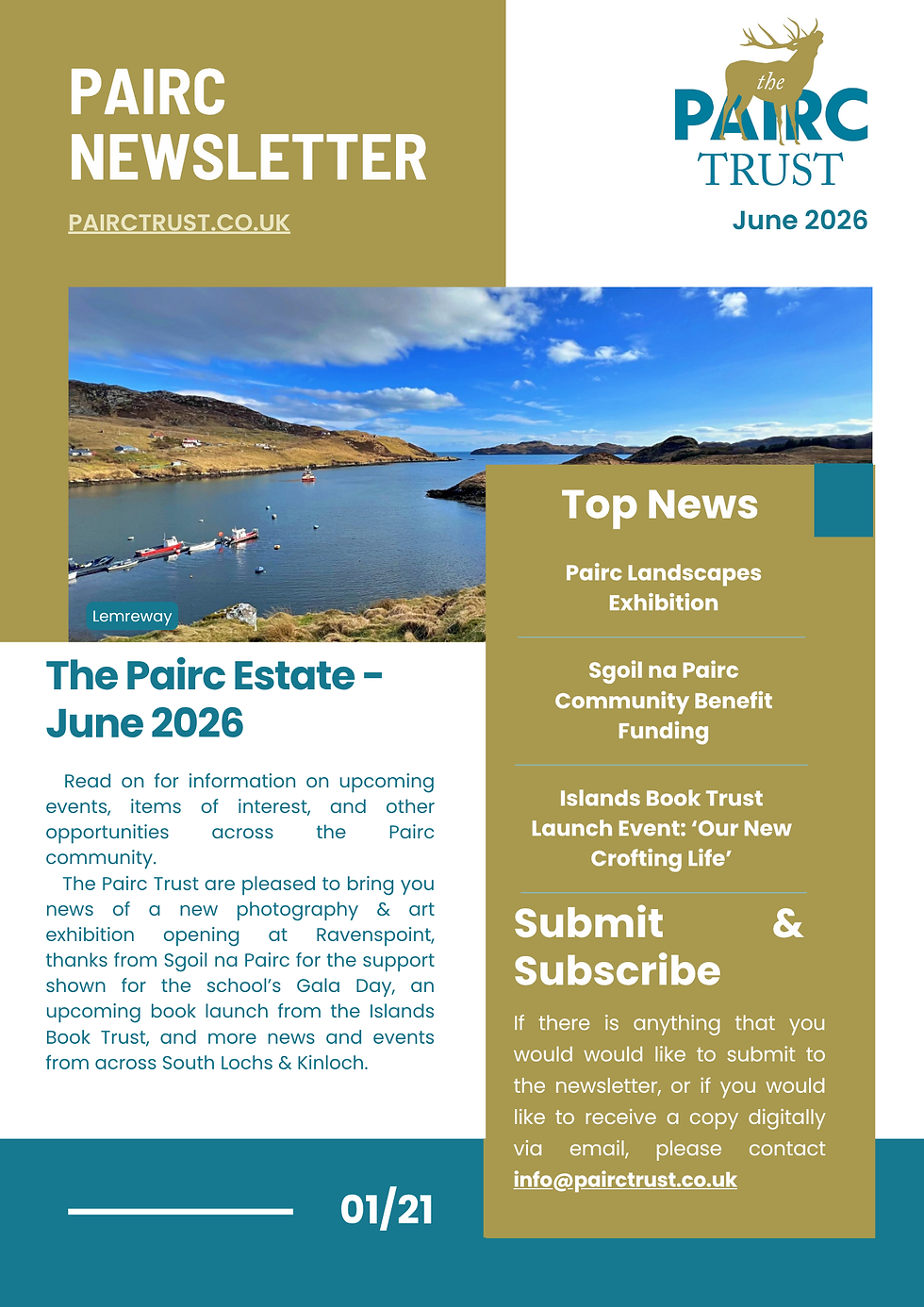 Pairc Trust newsletter cover with sea loch photo.