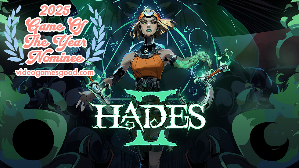 The main character of Hades 2, Melinoe, stands arms spread, casting magic to make her weapons float. She wears an orange headband with a moon signet on the front. She wears an orange blouse with iron armor ornaments. A sickle and a dagger float up in front of her. A badge signifying the game as a 2025 VGG Game of the Year nominee can be seen in the upper left.