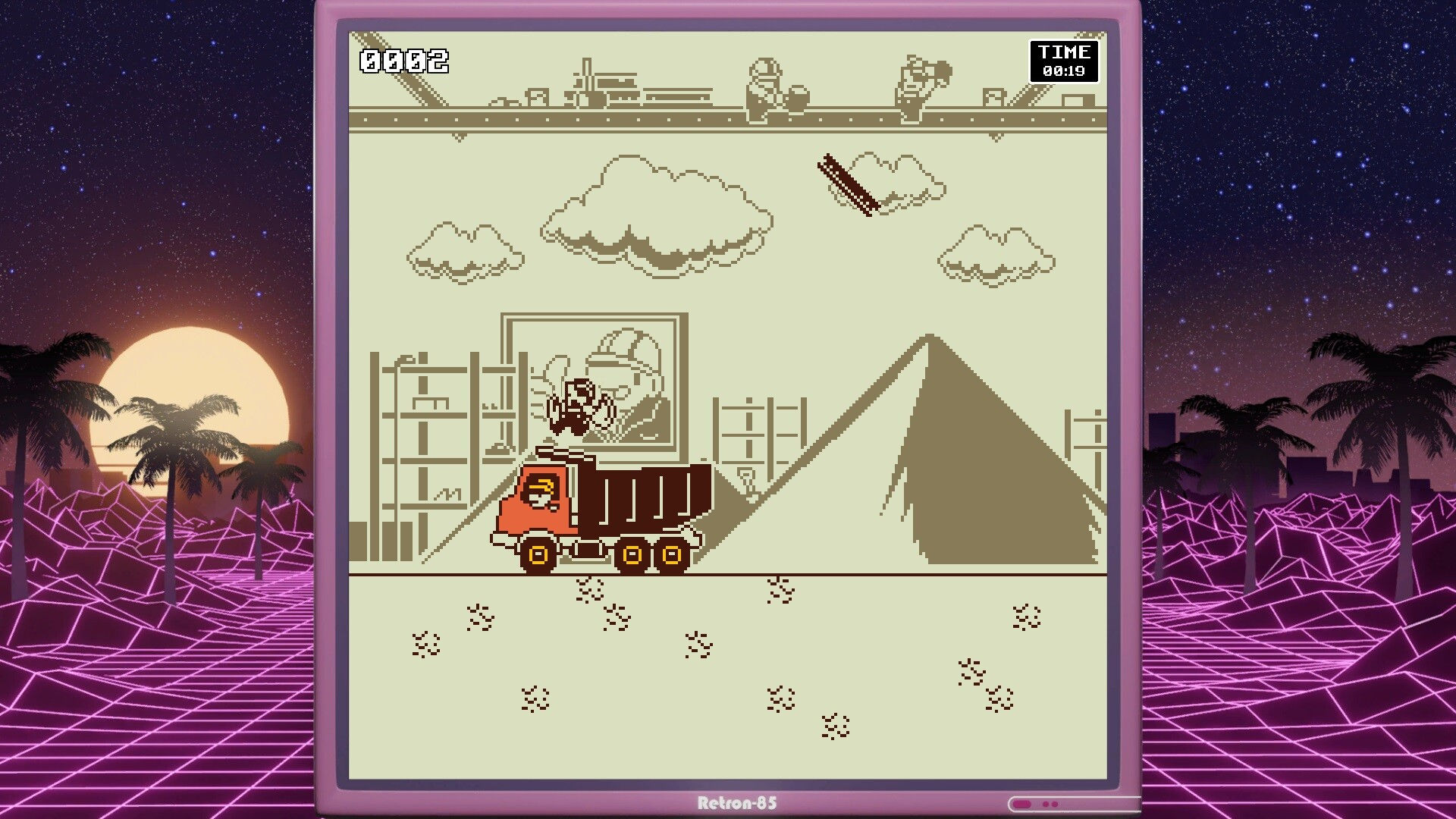 An in-game screenshot of one of the minigames in DUCK. It's a retro-styled game of a construction truck catching workers and steel girders falling from the top of the screen. The borders of the screen are a vaporwave inspired cyberscape.