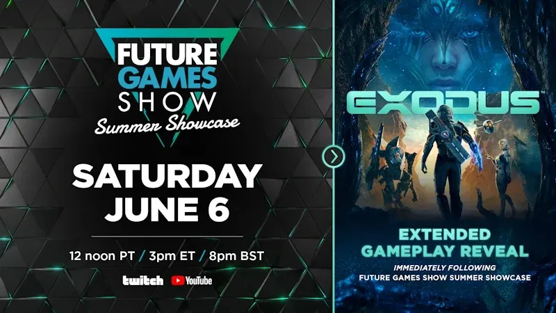 The Future Games Show Summer Showcase logo. The event's logo, featuring an upside down triangle against a grid of triangles, sits above the event's information. On the other half of the image, three characters walk through a triangular doorway while a face watches from the sky above. 