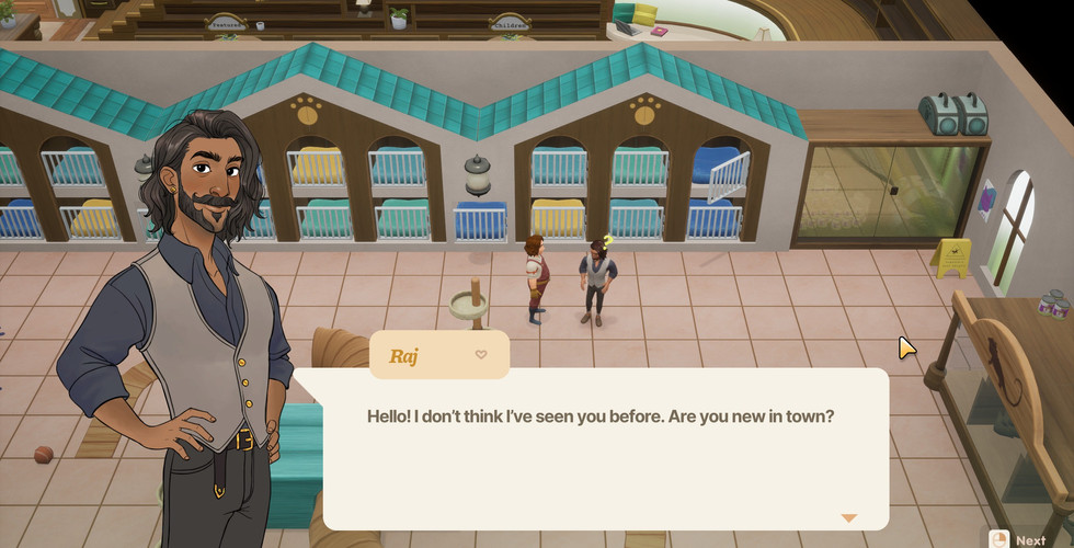 A screenshot of Coral Island where the player character is meeting Raj. He stands in a power pose, hands on his hips, in a vest and a loosely buttoned button-up. They're standing in the pet adoption center and he says: "Hello! I don't think I've seen you before. Are you new in town?"