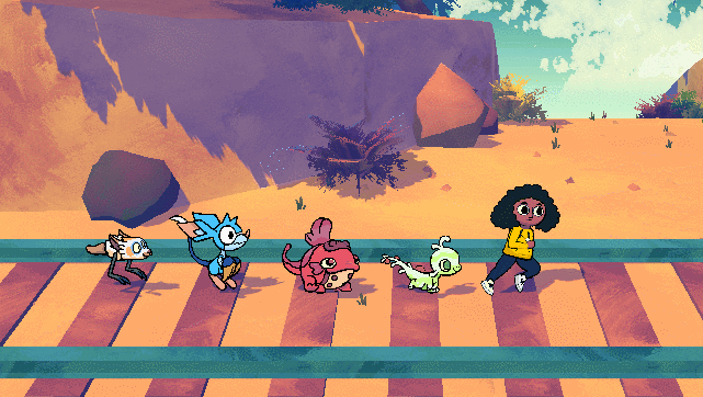 An animated GIF of the game Beastieball. It shows the player character and four beasties running along train tracks.