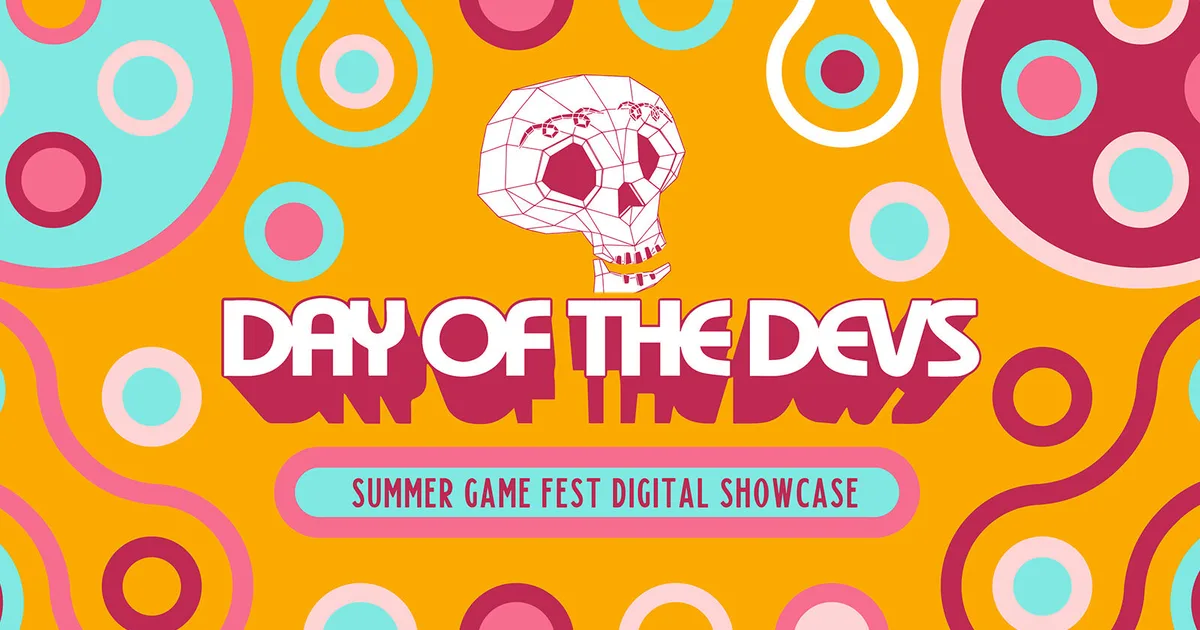The Day of the Devs 2026 key art. Against a groovy 70s aesthetic background, with colorful blobs, a cheery skull sits above the name of the event.
