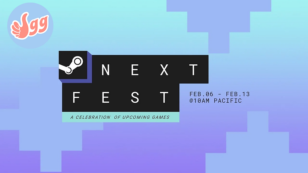 The Steam Next Fest logo and the VGG logo on a blocky blue-hued background.