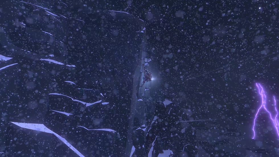 An in-game screenshot of Cairn. A woman struggles to climb against a blizzard, barely distinguishable against the flurry of snow.