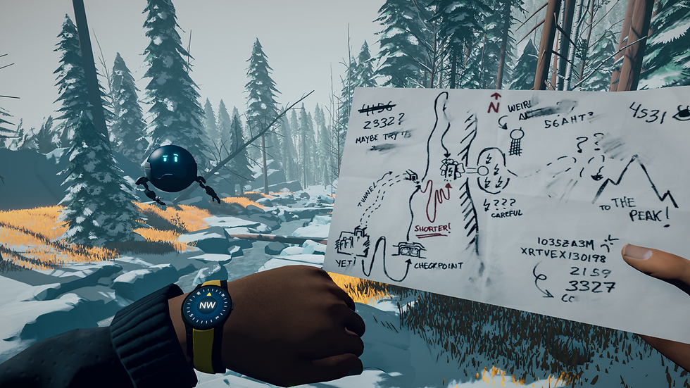 An in-game screenshot of Arctic Awakening. From the first-person perspective, a person examines their wrist compass and a map simultaneously in an arctic setting. A round robot floats ahead of them, with a worried look on their face.