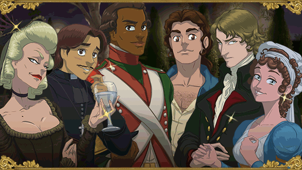 An animated gif featuring a piece of key art for Ambition: A Minuet in Power. It displays each of the game's six love interests.