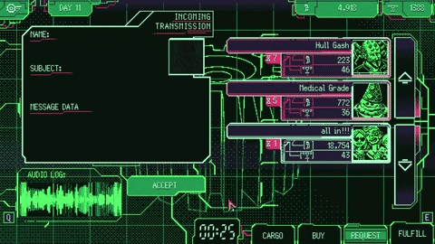 An animated GIF depicting the usual play experience of Space Warlord Organ Trading Simulator. You scroll through the organ market, click over to request tabs to see what you need to buy, and fulfill them.