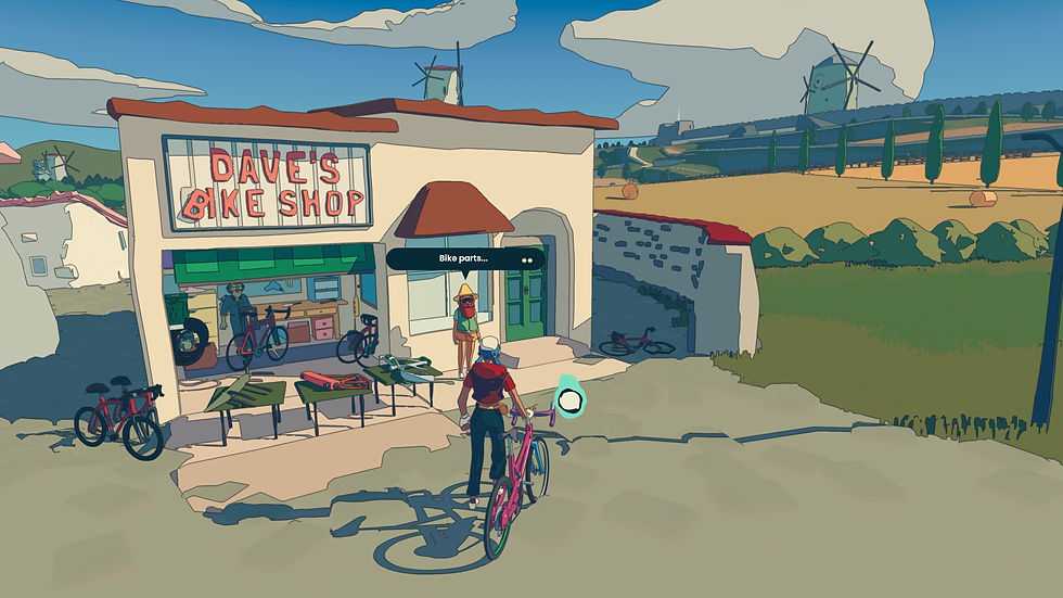 An in-game screenshot of Wheel World. A cyclist with a white cap and blue ponytailed hair stands with their bike at their side and a floating blue ghostly skull ahead of them. They stand in front of a haphazard bike shop, identified by an askew sign as "Dave's Bike Shop". A man with a pointy yellow hat stands and murmurs "Bike parts..."