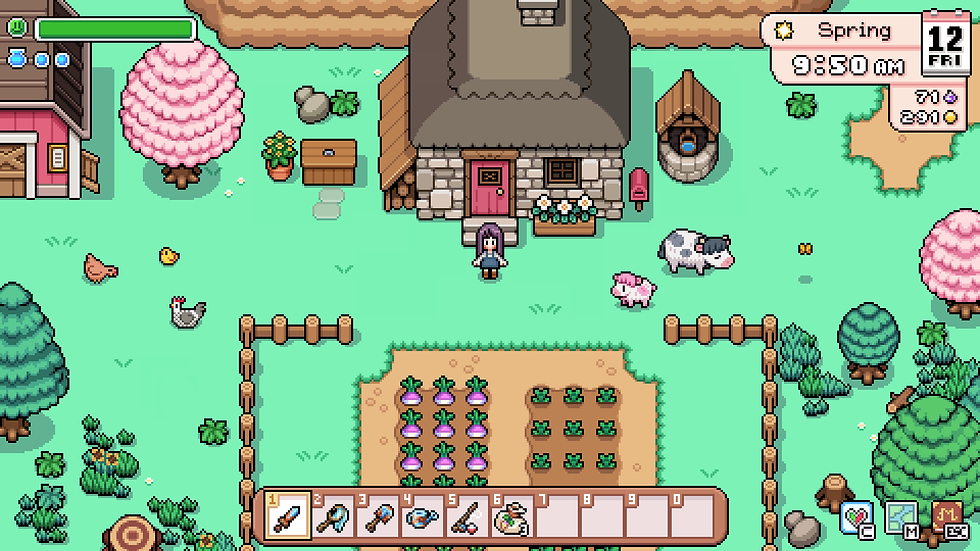An in-game screenshot of Fields of Mistria. A purple-haired woman in a blue dress stands outside of a house and in front of a field of crops. Grown turnips can be seen poking out of the dirt and some other unidentifiable plants push out of the dirt next to that. Three chickens can be seen on the left, one brown, one yellow, and one spotted. On the right, two cows can be seen, one black and white and grown, one pink and white and a baby.