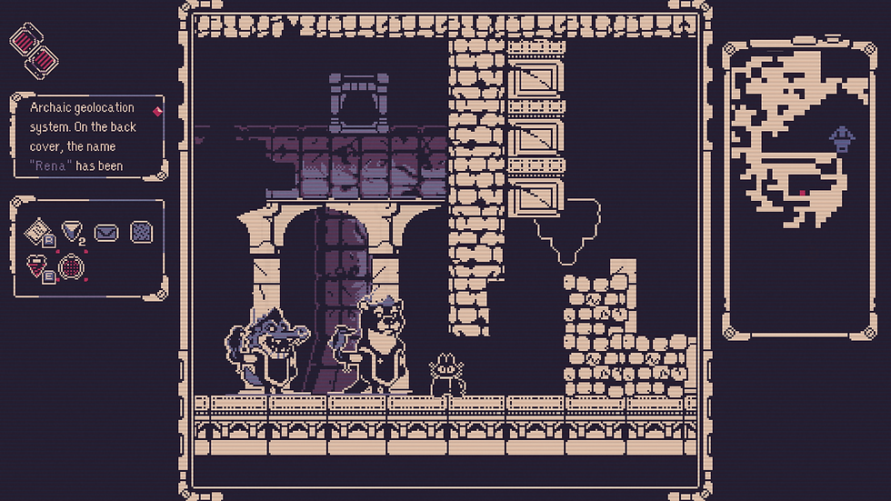 An in-game screenshot of Everdeep Aurora. Contained with a 4:3 square in the center of the screen, the game's protagonist, a small cloaked cat named Shell, is seen standing alongside what looks to be two guards blocking an entrance to some underground castle. One of the guards looks like either a dog or an otter standing up on two legs. The other is an alligator. Both hold birds in the left hands. The scene is painted in a lightly black and white monochromatic color palette. Around the edges, things like the player's inventory, a map, and even drill health can be seen.
