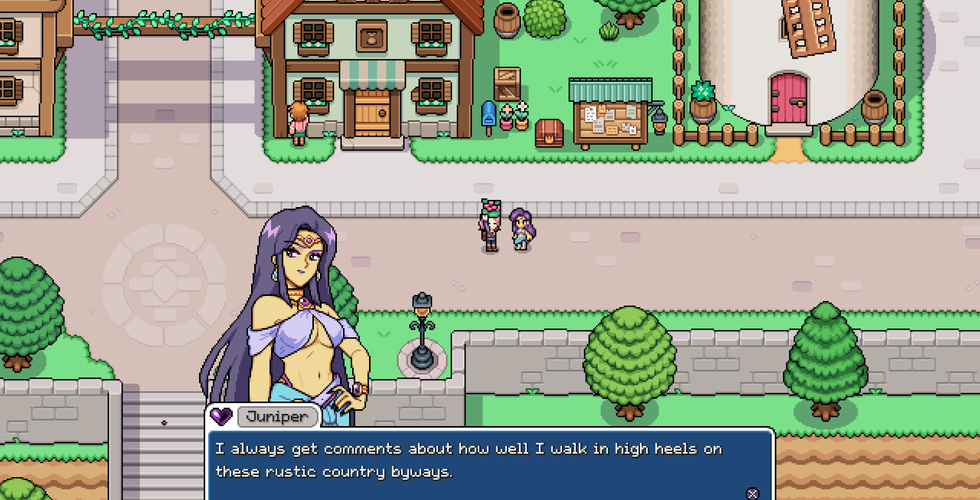 An in-game screenshot of Fields of Mistria. The player stands on a street in town, just outside of what looks to be a general store, talking to a woman with purple hair. Her name is Juniper and she's wearing a bikini-like top and a flowy skirt. She has a circlet on and she says "I always get comments about how well I walk in high heels on these rustic country byways."