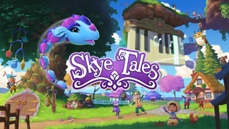 The key art for Skye Tales depicts a beautiful blue and purple dragon soaring through the sky as a group of villagers look up and wave.