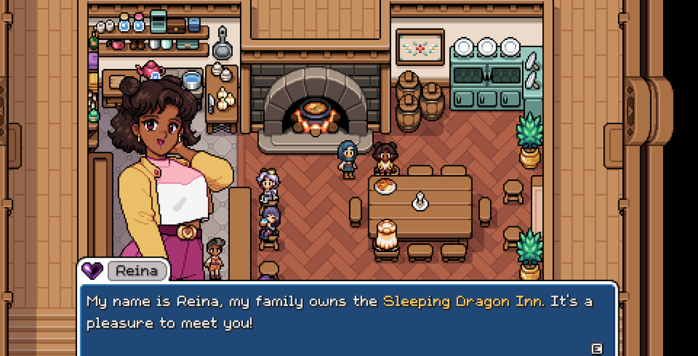 An in-game screenshot of Fields of Mistria. In an inn and bar, the player has a conversation with a character named Reina. Just in front of a full pot of soup and with three other villagers around them, they talk. The player wears blue clothing and a blue head covering. Reina can be seen with a bob-like haircut with space buns, she wears a yellow jacket over a white and pink top. She says: "My name is Reina, my family runs the Sleeping Dragon Inn. It's a pleasure to meet you!"