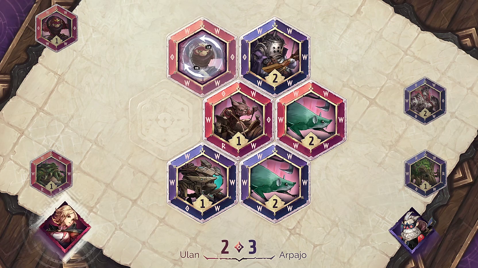 An in-game screenshot of Astria Ascending's J-Ster minigame. It displays a 7-slot hexagonal grid full of hexagonal tokens.