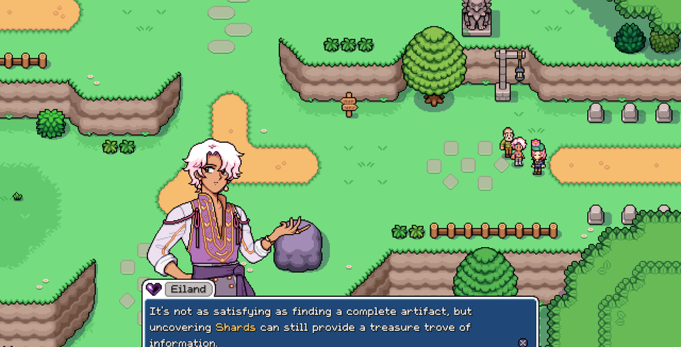 An in-game screenshot of Fields of Mistria. The player stands along a path in a field, talking to a character named Eiland. Eiland has light pink hair and wears a regal-looking top open at the chest. Behind Eiland is an older bald man. The palyer can be seen wearing a lily pad as a hat and has pink hair. Eiland says: "It's not as satisfying as finding a complete artifact, but uncovering Shards can still provide a treasure trove of information."