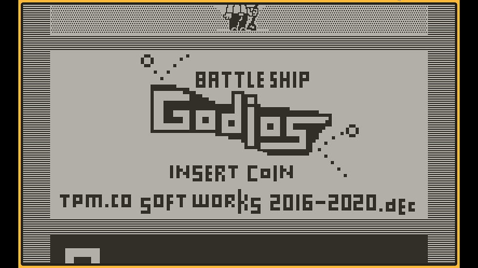 The key art of Battleship Godios. The game's title makes up the bulk of the design, with the shape of the letters in Godios making up the shape of a giant spaceship. Two balls bounce off of it. Text reads: "Insert Coin TPM.CO Softworks 2016-2020"