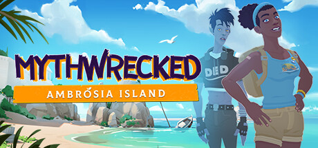 The key art for Mythwrecked depicts a beautiful Mediterranean beach scene and two of the game's characters off to the side. They are modernized representations of Greek gods.