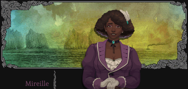An animated GIF depicts one of the choices you can make in Amarantus. The character Mireille says: "You're my best friend, Arik. We're in this together, from here to the end." She slides to the right and blank choices appear. One, when hovered over, says "You and me, against the world." The second says "I think I'm in love with you."
