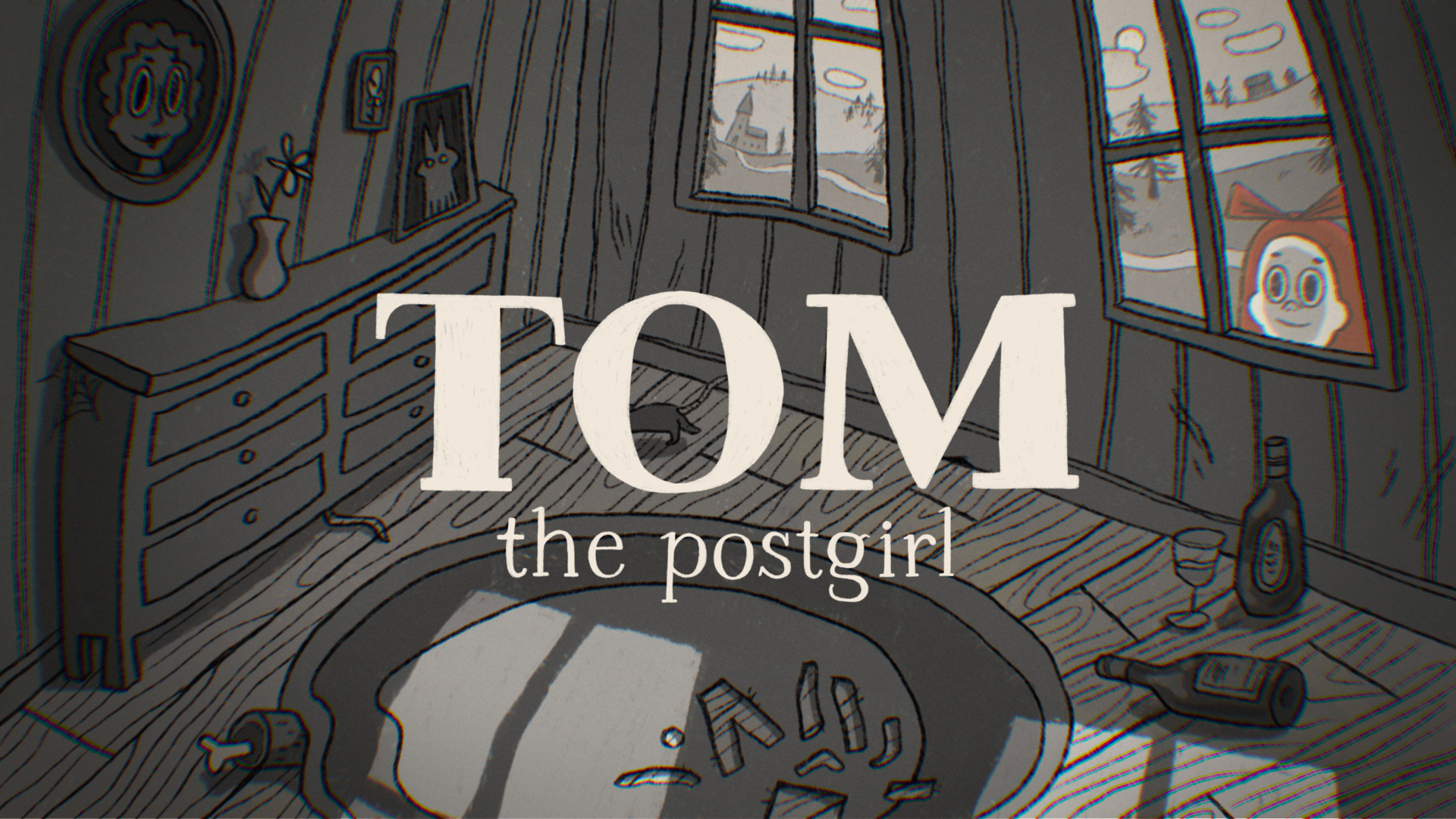 The key art for Tom the postgirl. It depicts the interior of a house. A carpet has bits cut out of it, there's a dresser with a flower pot sitting on top and framed photos line the walls. Through one of the windows, you can see a girl in a red jacket with the hood pulled up peeping through one of the windows.
