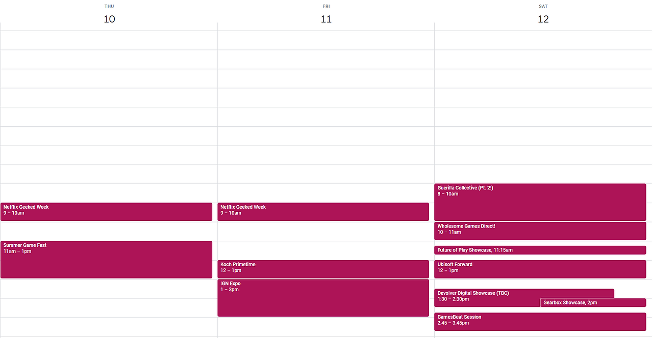 A calendar image showing all of the press conferences from E3 2021.