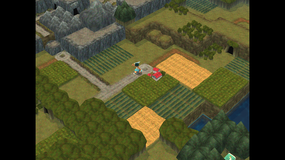 An in-game screenshot of Angeline Era. It depicts the game's overworld map. Tets, the game's main character, is walking away from a town tile on the map. Various fields of both shrubs and wheat can be seen, as well as a few entrances into new levels shown as small cave entrances in the sides of rockfaces.