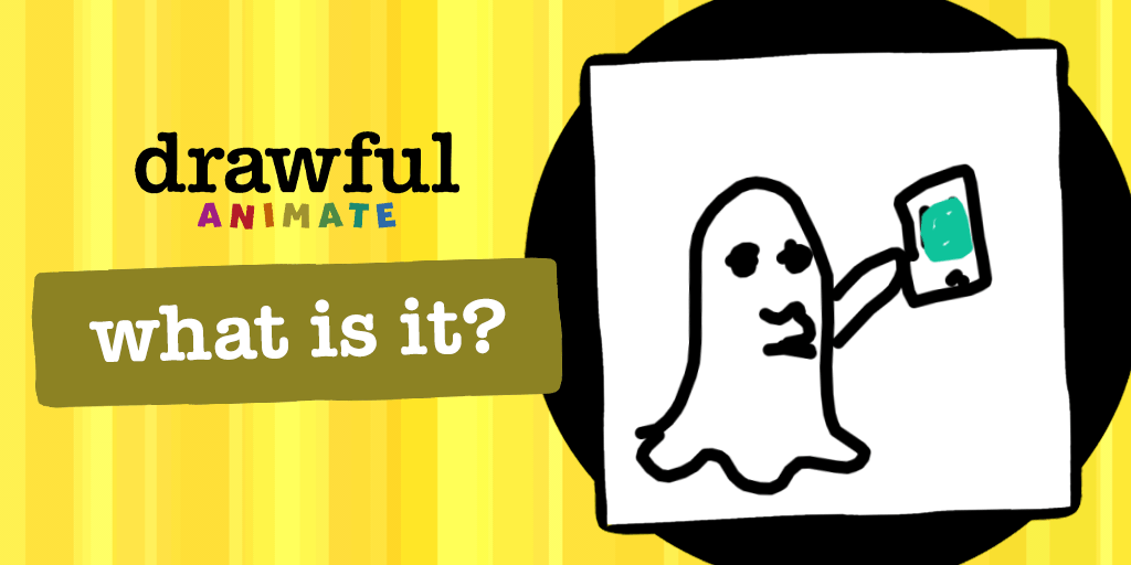 An animated gif from Drawful: Animate's post-game sharing screen. It depicts a simple two frame animation of a ghost taking a selfie with their phone and it reads: "Drawful: Animate" "What is it?"