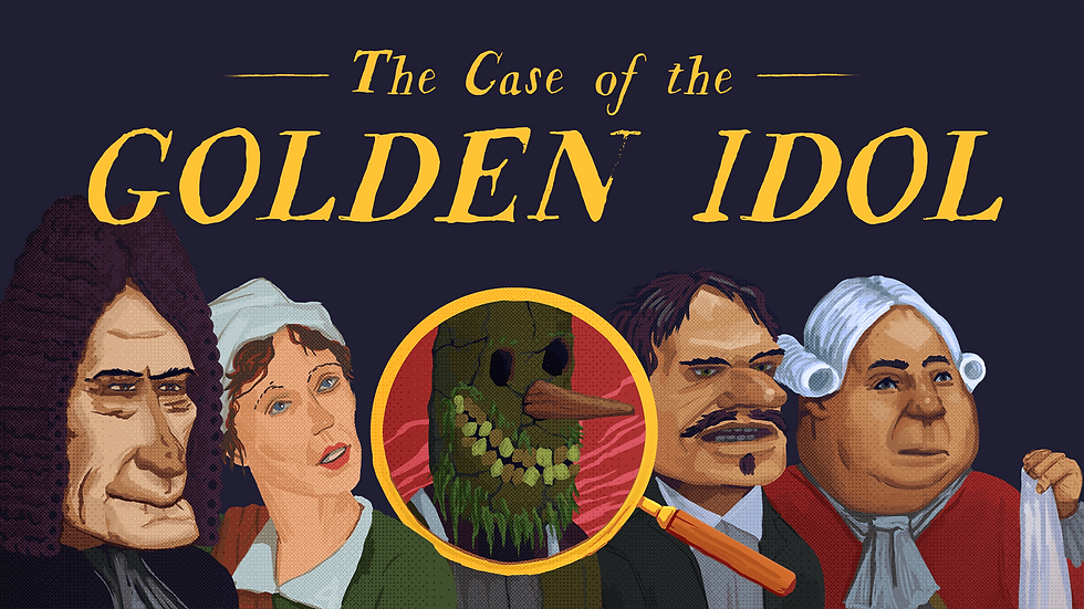The key art for VGG Game of the Year 2022 nominee, The Case of the Golden Idol. It depicts a lineup of characters you'll meet in the game, with a magnifying glass over one of them showing a scary masked being underneath.