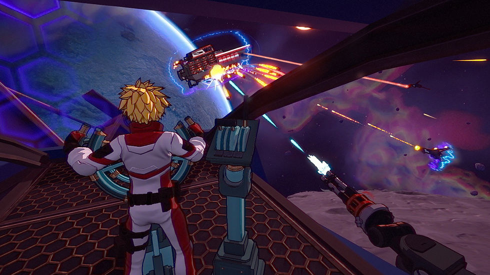 An in-game screenshot of Stars of Icarus. A blonde spiky-haired pilot mans the ship's steering wheel, while, out of the cockpit's window, a cannon fires at an incoming enemy ship. The enemy ship's shields are up and they return fire at a friendly single seat starship that flanks the fight off to the side.