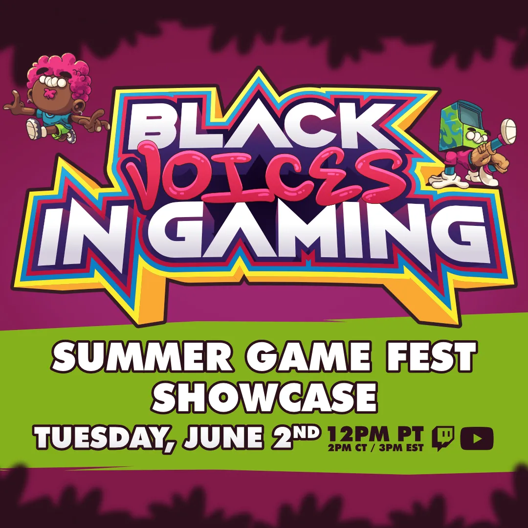 The Black Voices in Gaming key art. Two characters bounce off the lettering on either side.