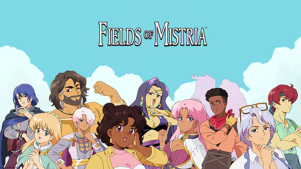The key art for Fields of Mistria. A lineup of all the game's romanceable characters. From left to right: a blue-haired ranger like character, a blonde cleric like character, an older brown haired man flexing his muscles, a pink-haired man with regal clothing poses, a brown-haired girl with space buns smiles, a purple haired witch-like woman cackles, a pink-haired woman in regal clothing points to the sky, a brown-haired man with an ascot stands with an arm against his chest, a light purple-haired woman with glasses resting on her head holds her chin, and a red-haired boy folds his arms standoffishly.