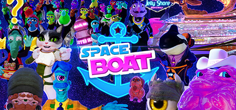 The key art for Space Boat depicts a variety of its goofy sci-fi characters, including a blue one-eyed alien, a cat in a flowing dress, and an orca floating in some kind of device that carries it around.