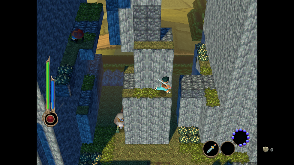 An in-game screenshot of Angeline Era. Walking along the cliffside of a tall peak, the game's main character, Tets can be seen wielding a sword and preparing for a big jump to another cliffside nearby. A strange beetle-like enemy can be seen on a high platform to the left and down on the ground is a strange goat-like kangaroo.