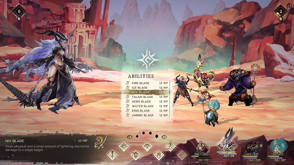 An in-game screenshot of a battle in Astria Ascending. Four of the demigods stand against one of the game's bosses. A menu for abilities is displayed that lists out one of the character's full list of abilities.