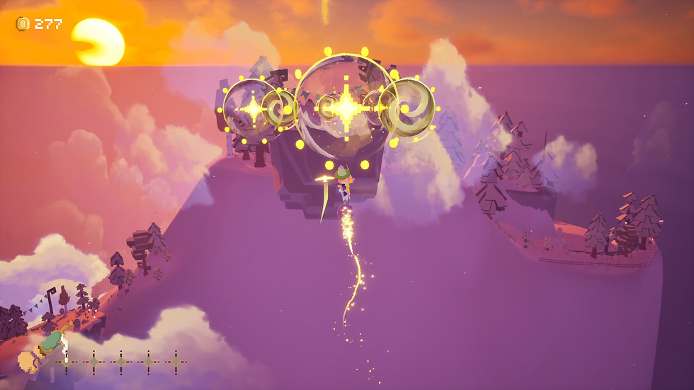 An in-game screenshot of ILA: A Frosty Glide. A young femme witch with a green hat soars through the sky on a magic broom, toward a series of magical rings that are surrounded by coins. They're attempting to cover a gap between two snowy mountains.