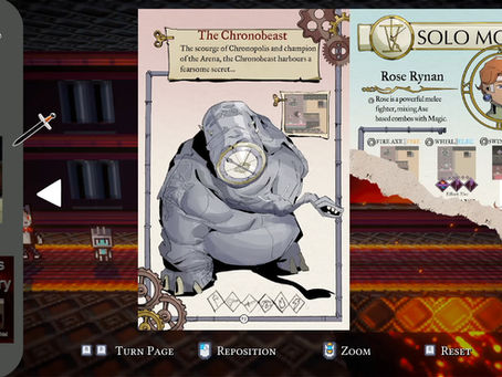 An in-game screenshot from The Remake of the End of the Greatest RPG of All Time. Looking at a manual page, there is an entry about The Chronobeast, a gray bulbous figure like a distorted clock face with an elephant-ish body. To the right is a torn page about solo moves for Rose Rynan.