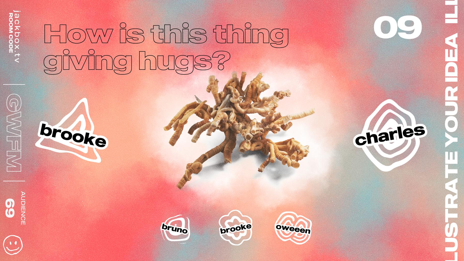 An in-game screenshot of Let Me Finish from the Jackbox Naughty Pack. Against a color splotched background of reds and blues, a stock photo of a strange fungus is seen in between the icons for two separate players. A prompt above reads: "How is this thing giving hugs?"