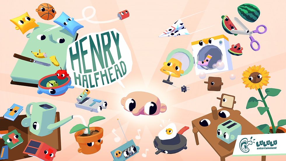 The key art for Henry Halfhead. A being that's just half of a human head from the nose up jumps into the air. Around them are a bunch of everyday objects with the halfhead's trademark eyes and nose. A plant, a lamp, a remote control, and a bed, for example.