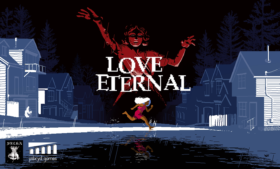 The key art for the game Love Eternal. A large red hued ghostly figure of a woman towers over a town, reaching their arms out toward the street below. On the street, a young girl with white hair, wearing red shorts and a tank top, runs between houses. It's raining.