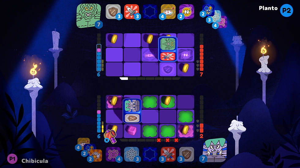 A gameplay screenshot from Monstabox. Two opponents duel each other from their own 5x3 grids. The boxes have attacks, defenses, and traps on the surfaces and move like a die across the board to execute actions. Coins are littered across the boards as are some traps, and bars on either side denote their health and mana points.