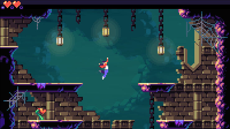 An in-game screenshot of Lunark showcases the main character, Leo, making a long jump across a giant gap in some ancient ruins.