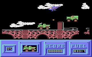 An in-game screenshot of the 1986 Army Moves. An army jeep drives along a bridge while a large army truck ahead of it leaps into the air toward a blue helicopter that fires down at the jeep.