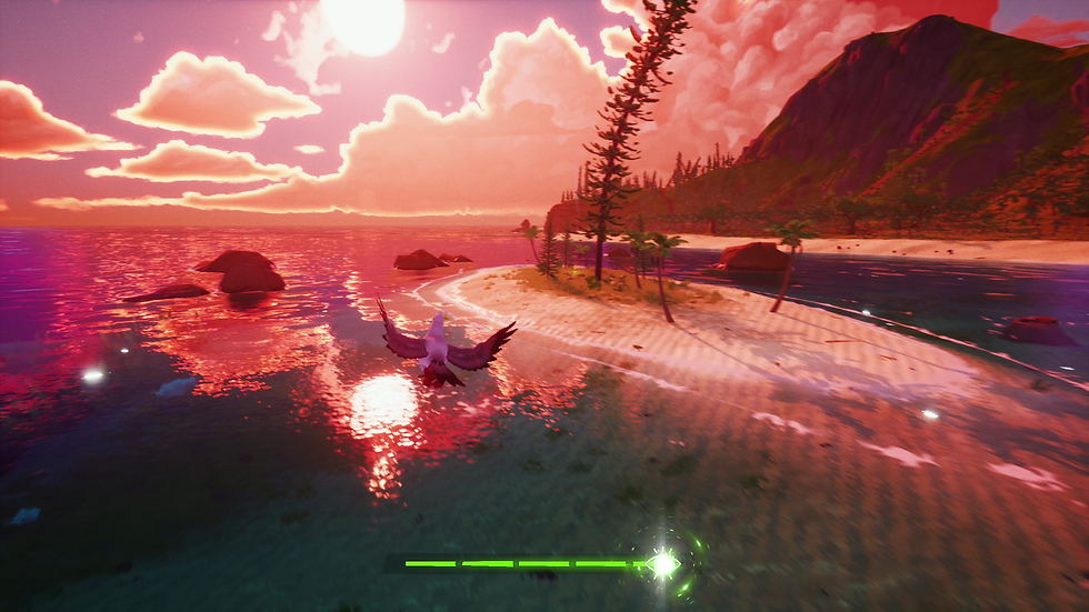 A screenshot of the game Tchia depicts Tchia inhabiting a bird's body. Flying over a small island as the sun sets, it's just a complete and total vibe. Beautiful red blue sunset with a mountain in the background.