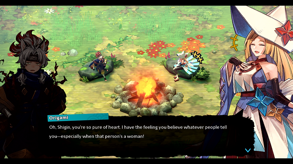 An in-game screenshot of Towa and the Guardians of the Sacred Tree. A ninja looking man with white and red hair sits at a fire with a woman adorned in clothing that looks like origami. While the ninja looks on exhausted, the woman named Origami says: "Oh, Shigin, you're so pure of heart. I have the feeling you believe whatever people tell you — especially when that person's a woman!"