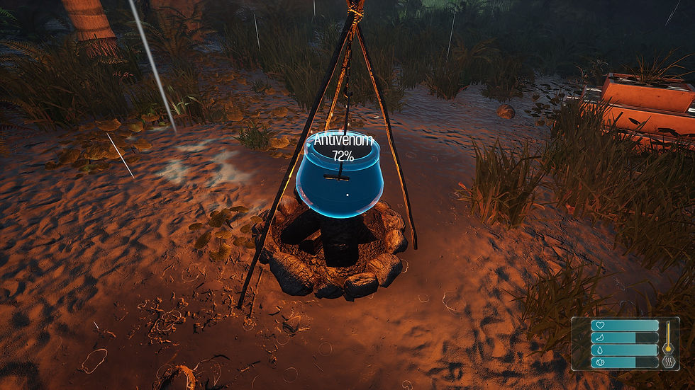 A rainy scene on a tropical island with a campfire and a cooking pot in the center of the screen. The cooking pot is illuminated blue with an antivenom brewing inside. Tooltip text reads: "Antivenom 72%". A raincatcher can be seen in the background.