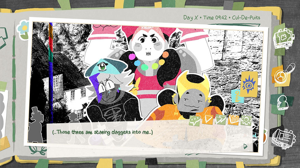 An in-game screenshot of Truth Scrapper. A trio of people stand accusatorily in the middle of a city street. One has a blue hat with an eyeball on it, another holds their arms up in frustration and wears varying shades of pink and a multi-colored necklace. Another stands lazily wearing a gold crown and an orange shawl. This whole scene is depicted within a scrapbook-like journal. Tabs mark the pages inside. Text reads: "... Those three are staring daggers into me..."