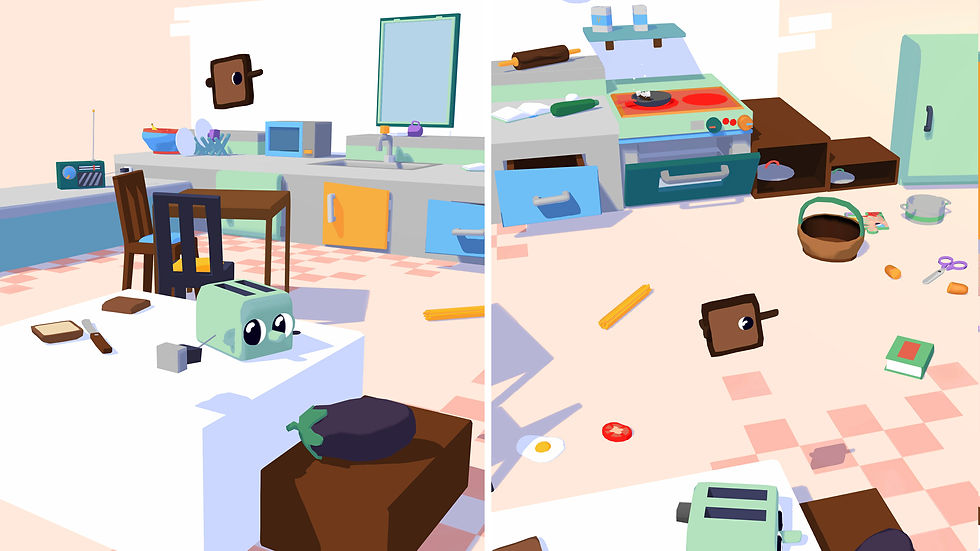 An in-game screenshot of Henry Halfhead, in local co-op mode. The screen is split in half down the middle. On the left there's a toaster with wide eyes and a long nose. A piece of toast is flying into the air above it in a semi-messy kitchen environment. On the right screen, the focus is on the toast. From their angle, a basket and its scattered contents are strewn about: a cracked egg, a sliced tomato, and some raw spaghetti.