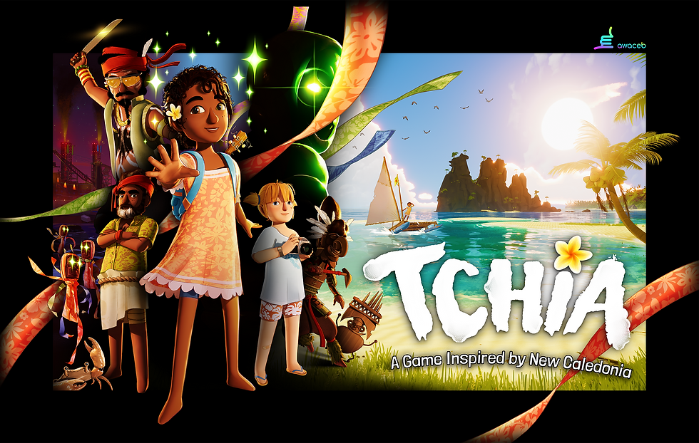 Tchia's key art depicts a collage of characters, with Tchia herself standing at the front with her hand out. Behind her stands the hatchet wielding Pwi Dua, Tchia's father Joxu, her friend Louise holding a camera, a shrouded evil character with a glowing green eye, and the evil cloth spirits known as maano. To the right, there is the game's logo and an island portrait.