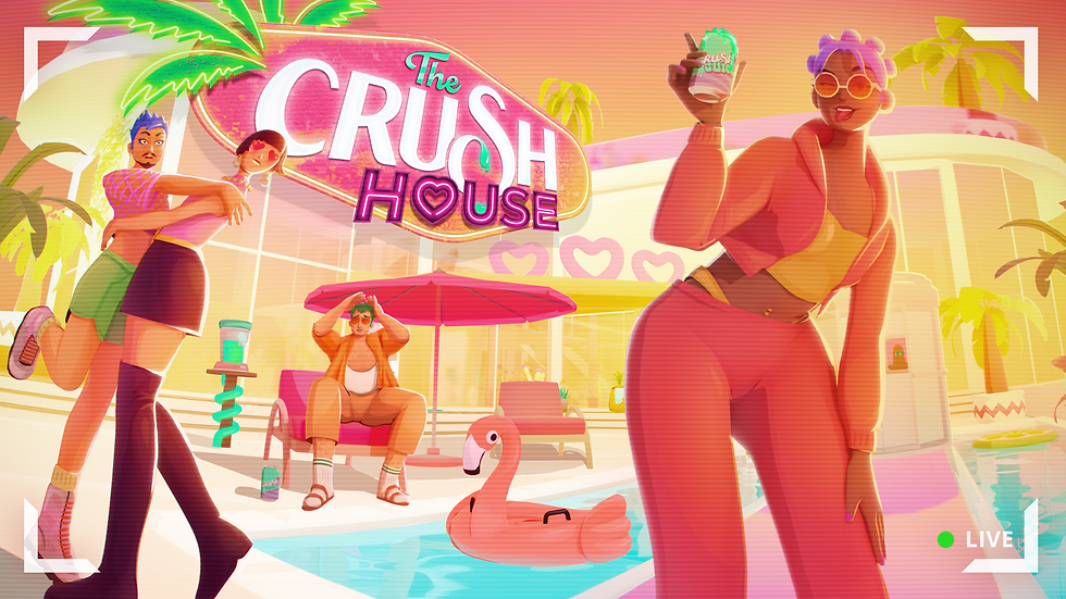 The key art for The Crush House. A woman in red sportswear holds up a can of green soda called Crush Juice. Behind her, two people in an embrace look on in shock. Behind them, a man sits pool-side on a pool chair with his hands over his head in shock. A giant sign hangs on the window with the game's name on it. A strange drink dispenser with bright green liquid swirls ominously behind everyone.